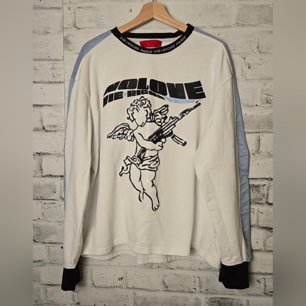 VIE+RICHE 2XL Sequin Angel Graphic Long Sleeve Top White Streetwear